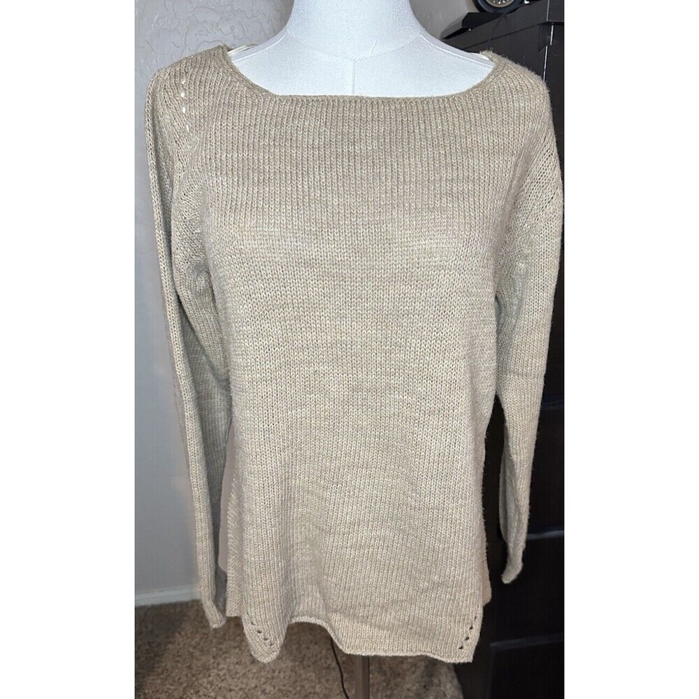 Bianca B Made In Italy‎ Wool Blend Tan Knit Sweater Crochet Hi-Low Hem Women's L